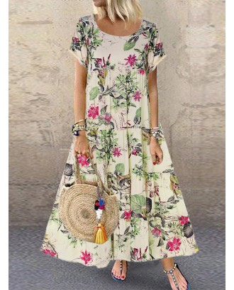 Vintage Print Floral Short Sleeve Overhead Dress