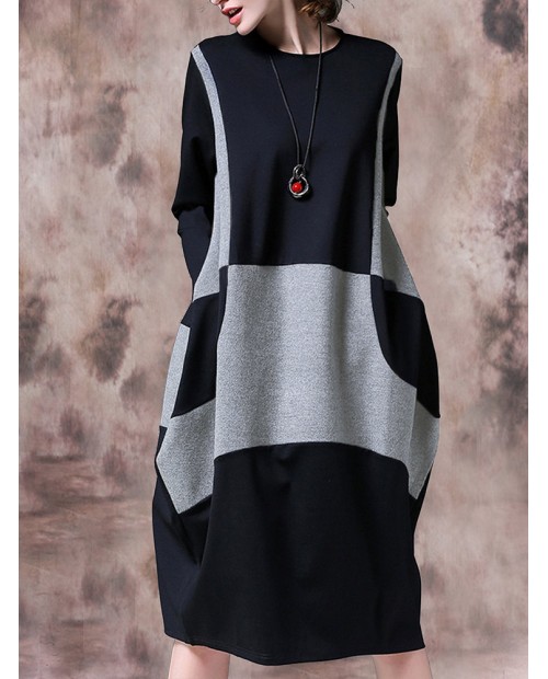 Contrast Color Patchwork Long Sleeve Vintage Dress For Women