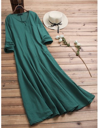 Women Vintage Cotton Tunic Baggy Long Sleeve Maxi Dress