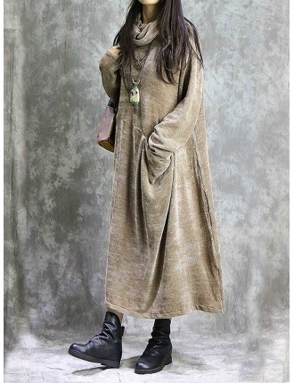 Turtleneck Solid Color Pocket Long Sleeve Dress For Women