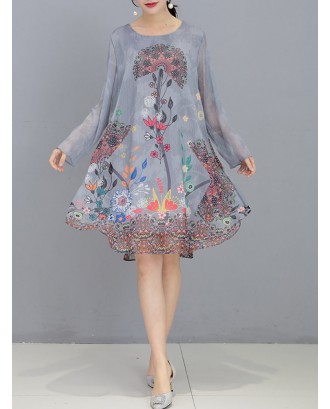 Ethnic Floral Print Irregular Long Sleeve Vintage Dresses