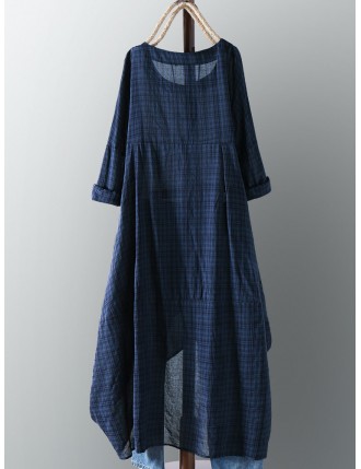 Vintage Plaid Crew Neck Long Sleeve Asymmetrical Dress