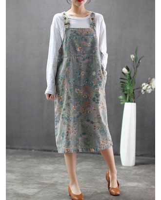 Floral Print Denim Straps Vintage Dress For Women