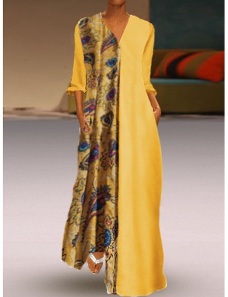 Ethnic Print Maxi 3/4 Sleeve V Neck Dress