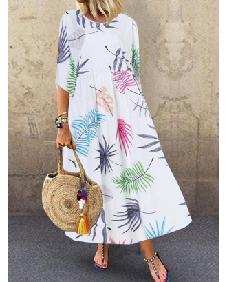 Multicolor Leaves Print Half Sleeve Dress For Women