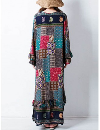 Vintage Geometric Patchwork Bohemian Long Sleeve Loose Print Dress