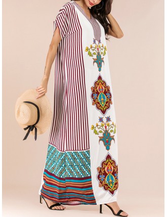 Bohemian Print V-neck Patch Short Sleeve Maxi Dress