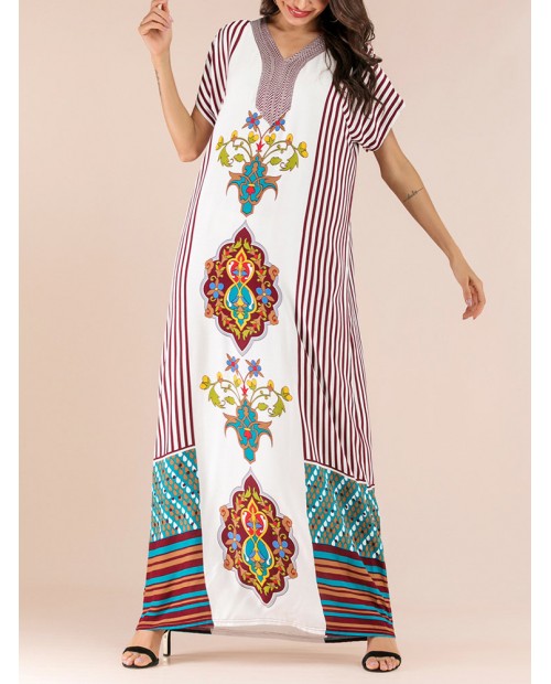 Bohemian Print V-neck Patch Short Sleeve Maxi Dress
