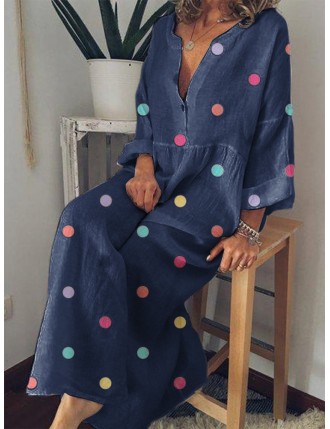Multicolor Polka Dot Print Long Sleeve Maxi Dress