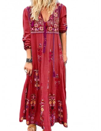 Bohemian Embroidered Long Sleeve Maxi Dress For Women