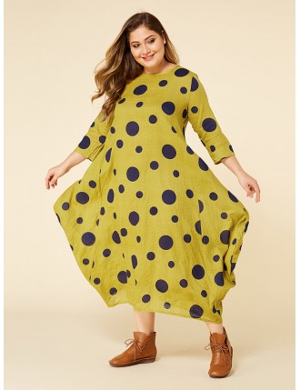 Polka Dot Print Irregular Hem 3/4 Sleeve Plus Size Maxi Dress