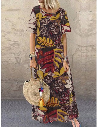 Vintage Floral Print Short Sleeve Plus Size Maxi Dress with Pockets