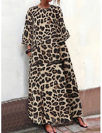 Leopard Print 3/4 Sleeve Plus Size Dress with Pockets