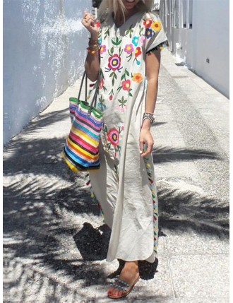 Bohemian Floral Print Tassel Split V-neck Plus Size Maxi Dress