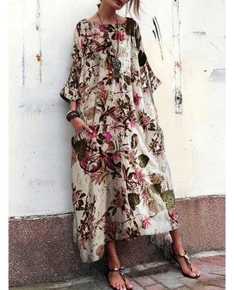 Bohemian Floral Print Plus Size Baggy Dress with Pockets