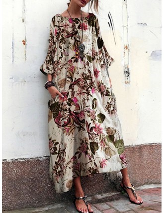 Bohemian Floral Print Plus Size Baggy Dress with Pockets