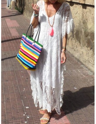 Bohemian Lace Embroidery Ruffle Plus Size Maxi Dress