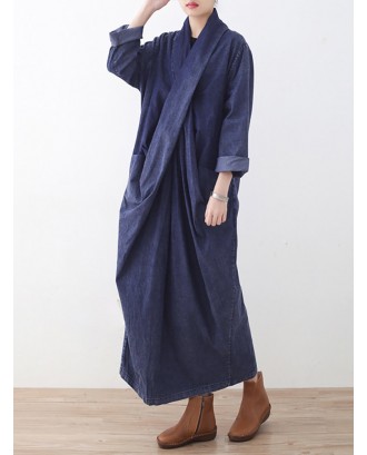 Casual Denmin Wrap Long Sleeve Plus Size Maxi Dress