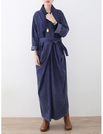 Casual Denmin Wrap Long Sleeve Plus Size Maxi Dress