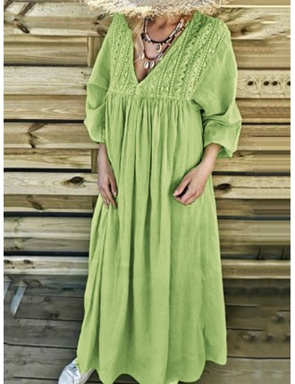 Embroidery Lace V-neck Long Sleeve Plus Size Maxi Dress