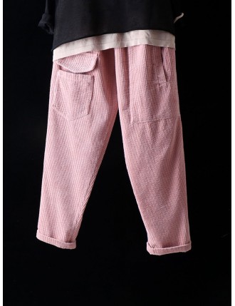 Corduroy Pockets Elastic Waist Cargo Pants for Women