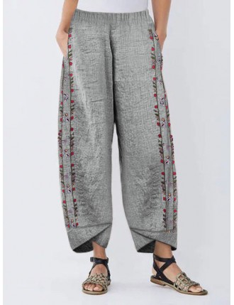 Casual Embroidery Elastic Waist Plus Size Pants with Pockets