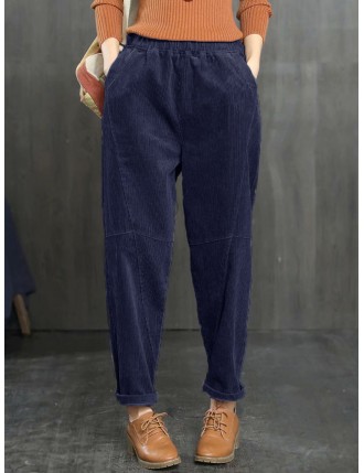 Corduroy Solid Color Pockets Loose Plus Size Pants
