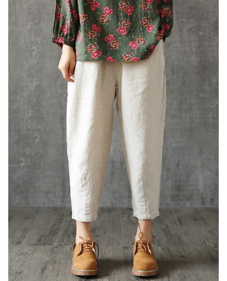 Vintage Solid Color Elastic Waist Cotton Harem Pants