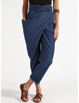 Casual Wrap Pockets Plus Size Harem Pants with Belt
