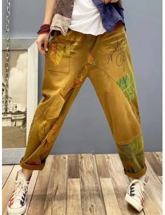 Vintage Printed Corduroy Harem Pants for Women