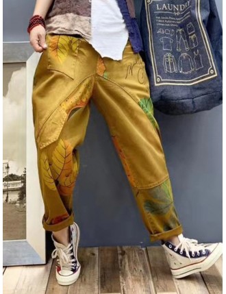 Vintage Printed Corduroy Harem Pants for Women