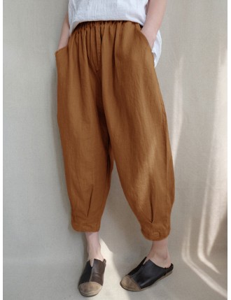 Solid Color Pleated Elastic Waist Plus Size Harem Pants with Pockets
