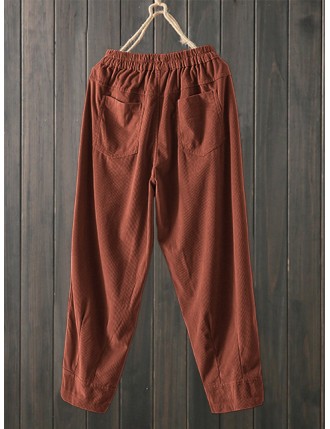 Corduroy Elastic Waist Pocket Plus Size Cargo Pants