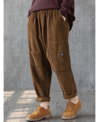 Corduroy Multi-pockets Elastic Waist Plus Size Pants