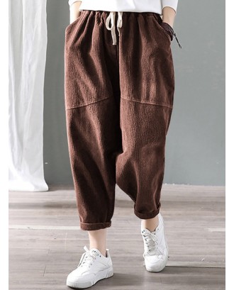 Corduroy Solid Color Casual Plus Size Pants for Women
