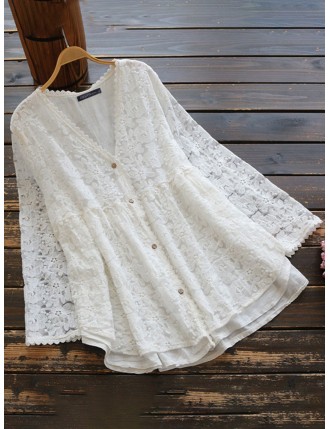 Summer Embroidery Lace Long Sleeve Plus Size Blouse