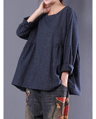 Loose Plaid Long Sleeve O-Neck Blouse For Women