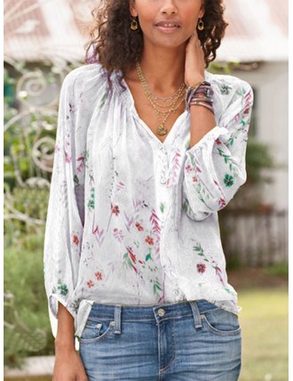Print Floral V-neck Long Sleeve Plus Size Blouse
