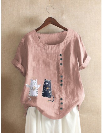 Cartoon Angel Cat Print Casual Plus Size T-Shirt