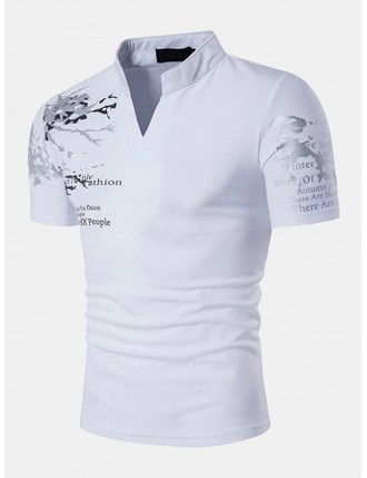 Mens Cotton Stylish Printed Stand Collar V-neck Short Sleeve Casual T shirt