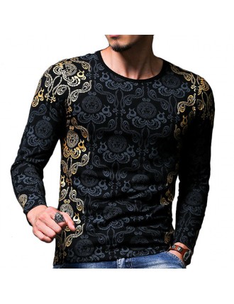 Mens Fashion Chinese Style Golden Printing Slim Fit Elastic T-shirt