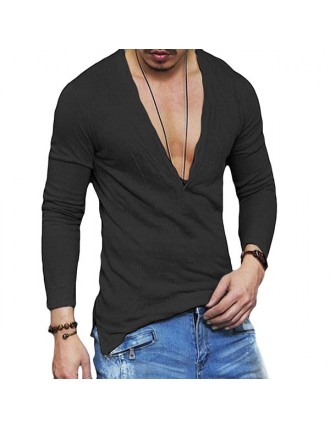 Mens Deep V-neck Buttons Breathable Solid Color Long Sleeve Casual Cotton T shirt
