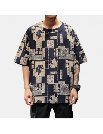 Mens Ethnic Style Pattern Printed Summer Short Sleeve Loose Fit Pullover T shirt