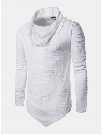 Mens Hip-Hop Holes Pile Heap Collar Irregular Hem Solid Color Long Sleeve Casual Cotton T-shirt