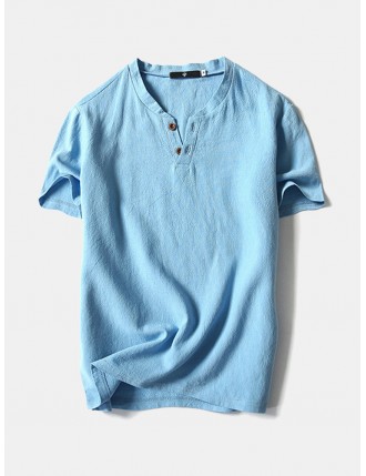Mens Summer Cotton Linen Solid Color Short Sleeve Casual T Shirts