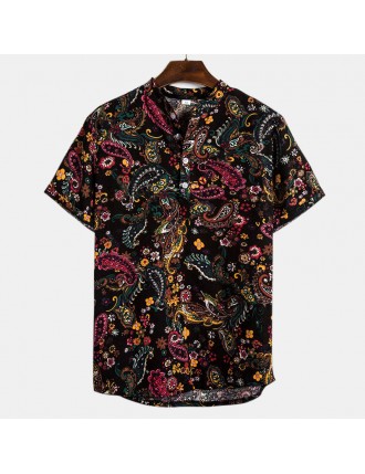 Mens Summer Fashion Casual Stand Collar Short Sleeve Flower Shirt