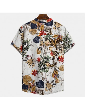 Mens Tropical Plants Printing Stand Collar Short Sleeve Henley Shirt