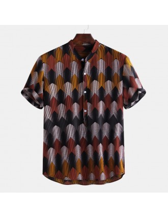 Mens Funny Ethnic Printed Stand Collar Short Sleeve Loose Henley Shirts