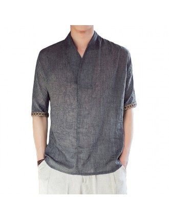 Mens Summer Vintage Chinese Style Cotton Linen Solid Color V-neck Casual Loose T Shirts