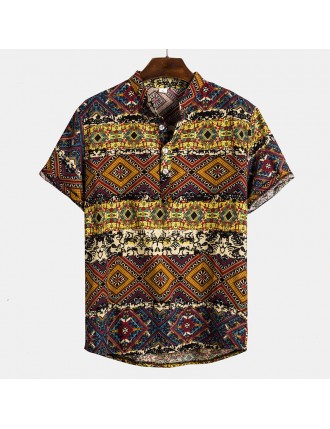 Mens Ethnic Style Printing Slim Fit Short Sleeve Summer Casual Henley Shirts